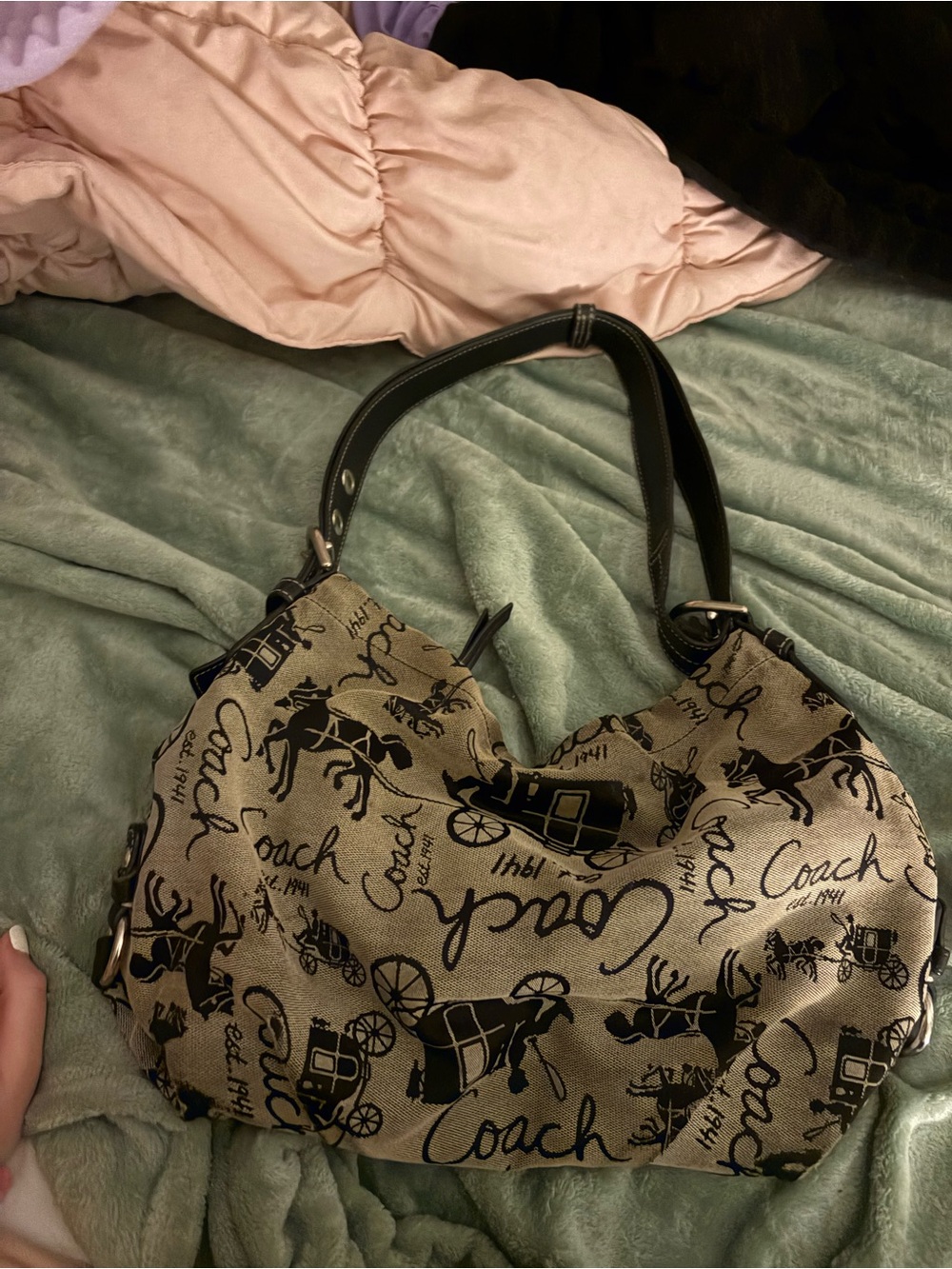 Coach Beige Canvas Shoulder Bag with Black Script Vintage Y2k